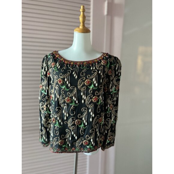 ART DECO Sz S/M Beaded Blouse Concetta Rafanello St. Martin Sequin GLAMOROUS - Picture 3 of 16